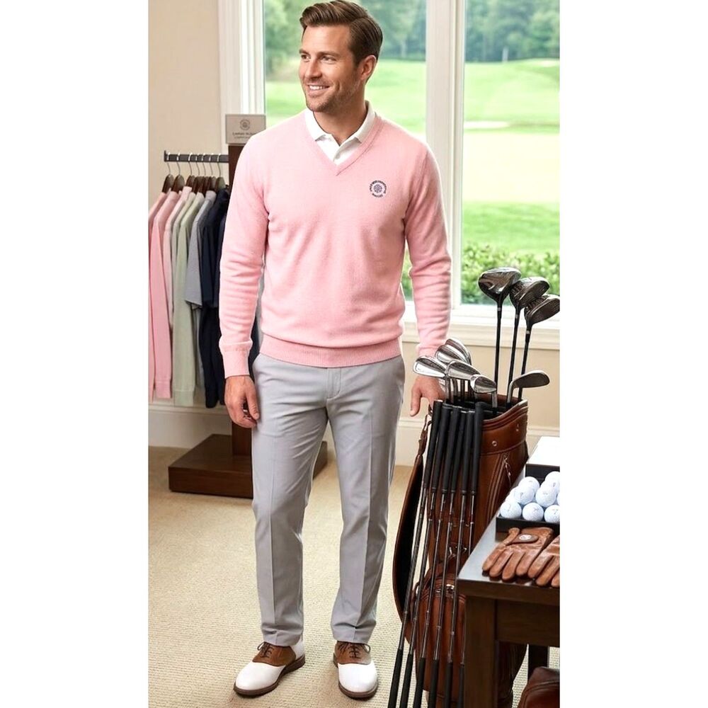 VTG Titleist Collection Pink V-Neck Sweater Men's L Sandy Burr CC Cotton Blend